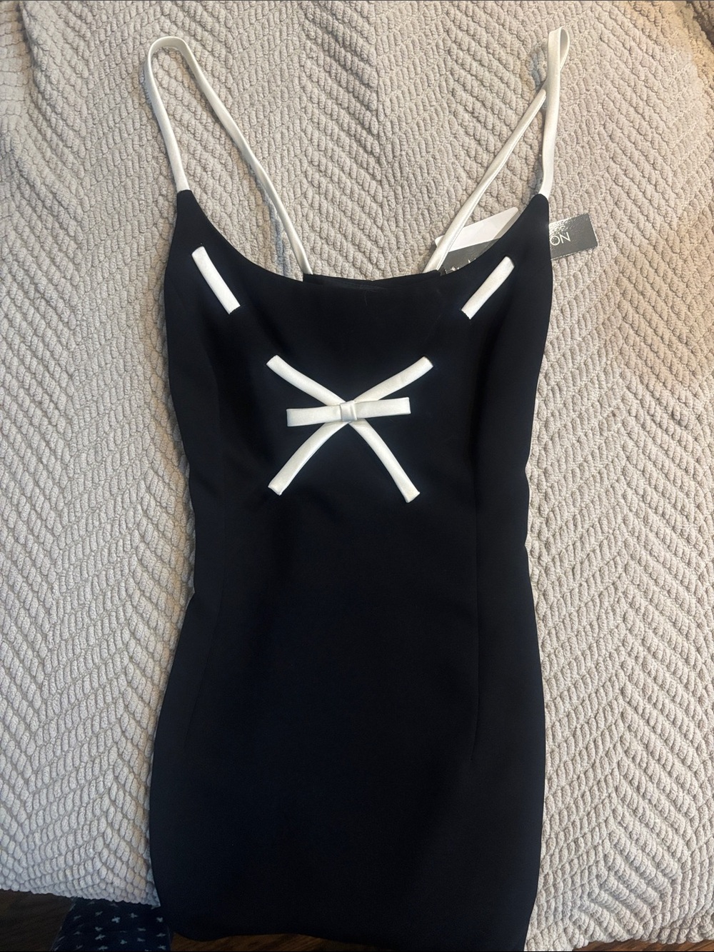 New- Maggy London Black Cocktail Dress with White Bow Trim